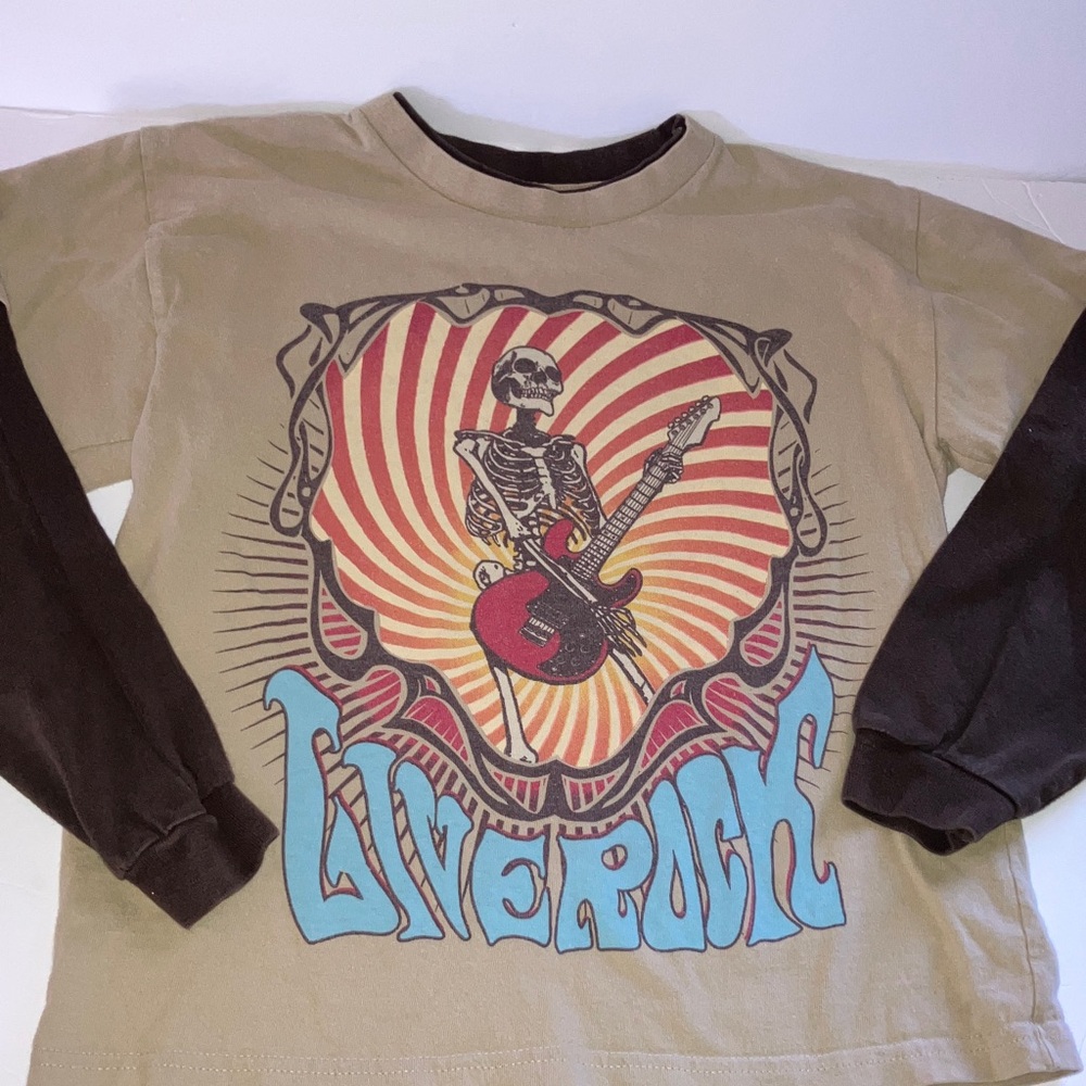 Live Rock Skeleton Playing Guitar Kids Long‎ Sleeve Tee - Brown Small
